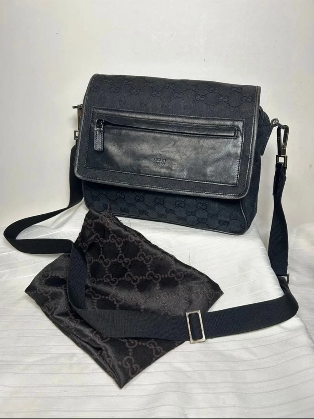 Gucci Black GG Canvas and Leather Crossbody Messenger